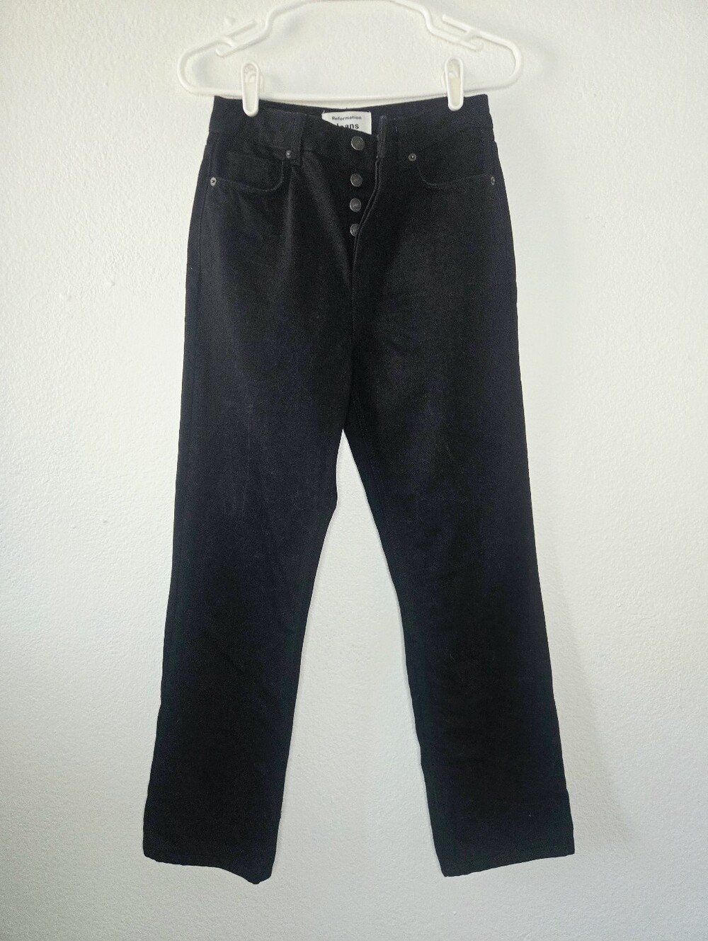 Reformation Button Fly High Rise Straight Leg Stretchy Black Denim Jeans sz 25